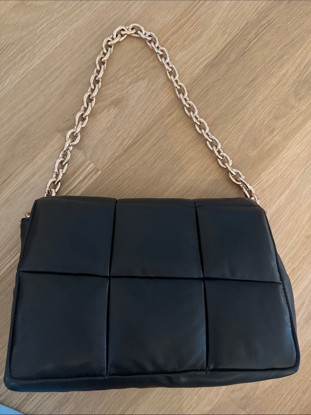 New H & M Vegan Leather Black Quilted Shoulder Bag with Gold Chain